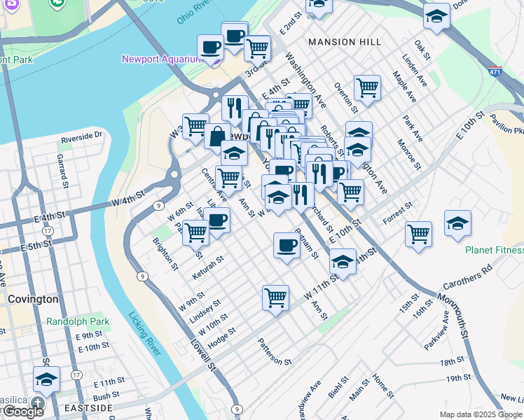 map of restaurants, bars, coffee shops, grocery stores, and more near 722 Columbia Street in Newport