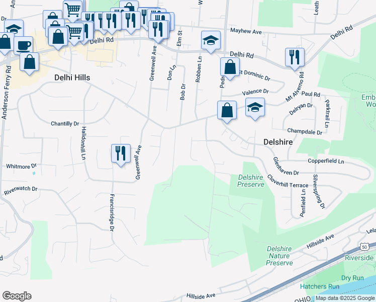 map of restaurants, bars, coffee shops, grocery stores, and more near 241 Cloverhill Terrace in Cincinnati