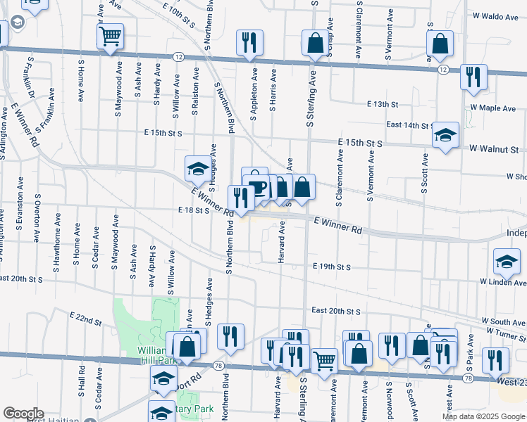 map of restaurants, bars, coffee shops, grocery stores, and more near 1711 South Appleton Avenue in Independence