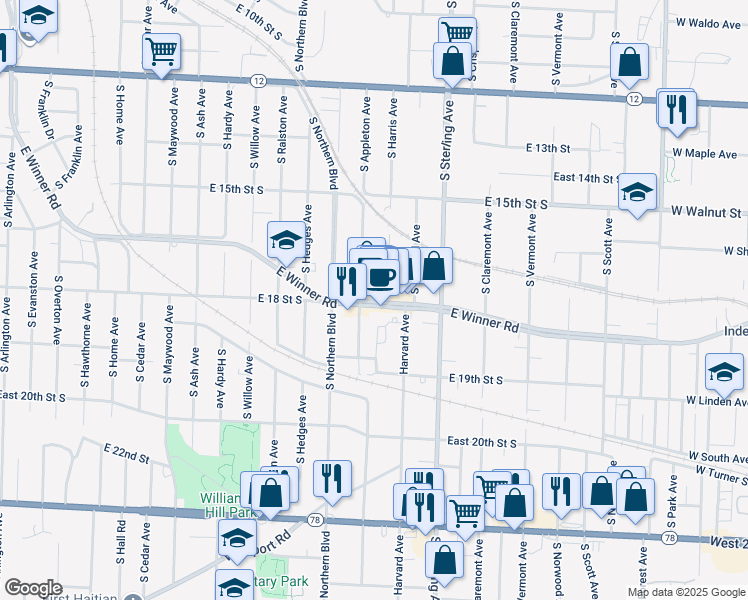 map of restaurants, bars, coffee shops, grocery stores, and more near 1711 South Appleton Avenue in Independence