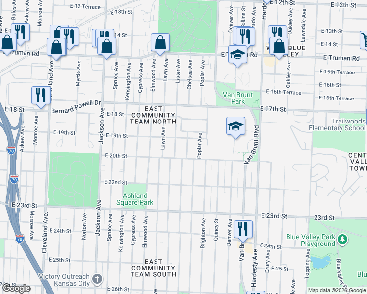 map of restaurants, bars, coffee shops, grocery stores, and more near 1900 Lister Avenue in Kansas City