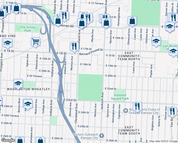 map of restaurants, bars, coffee shops, grocery stores, and more near 1900 Myrtle Avenue in Kansas City