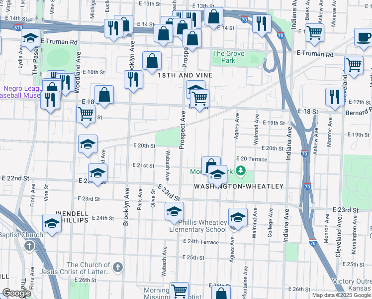 map of restaurants, bars, coffee shops, grocery stores, and more near 1922 Montgall Avenue in Kansas City