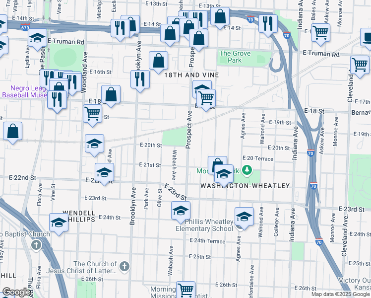 map of restaurants, bars, coffee shops, grocery stores, and more near 2400 East 20th Street in Kansas City