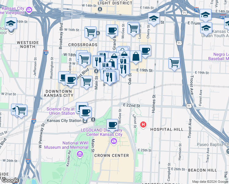 map of restaurants, bars, coffee shops, grocery stores, and more near in Kansas City