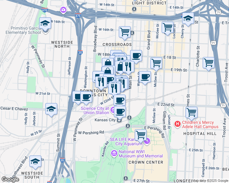 map of restaurants, bars, coffee shops, grocery stores, and more near 2017 Wyandotte Street in Kansas City