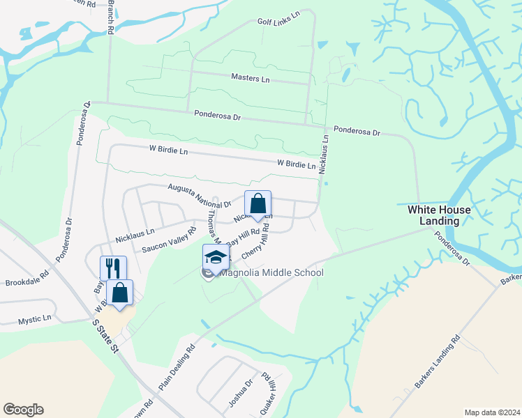 map of restaurants, bars, coffee shops, grocery stores, and more near 515 Nicklaus Lane in Magnolia