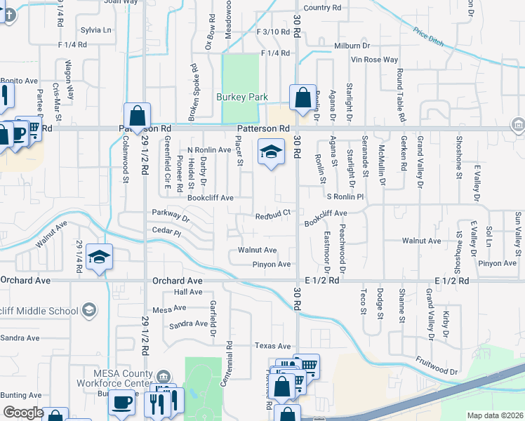 map of restaurants, bars, coffee shops, grocery stores, and more near 2988 Redbud Court in Grand Junction