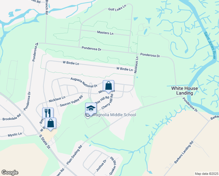 map of restaurants, bars, coffee shops, grocery stores, and more near 515 Nicklaus Lane in Magnolia
