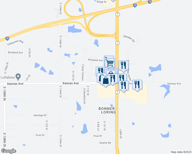 map of restaurants, bars, coffee shops, grocery stores, and more near 13126 Kansas Avenue in Bonner Springs