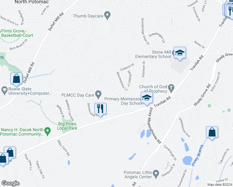 map of restaurants, bars, coffee shops, grocery stores, and more near 14119 Forest Ridge Drive in North Potomac