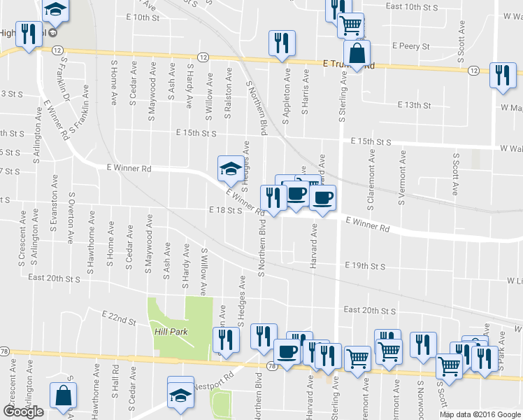 map of restaurants, bars, coffee shops, grocery stores, and more near E Winner Rd & S Northern Blvd in Independence