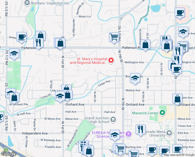 map of restaurants, bars, coffee shops, grocery stores, and more near 535 Bookcliff Drive in Grand Junction