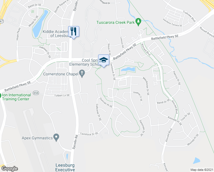 map of restaurants, bars, coffee shops, grocery stores, and more near 637 Burnside Terrace Southeast in Leesburg