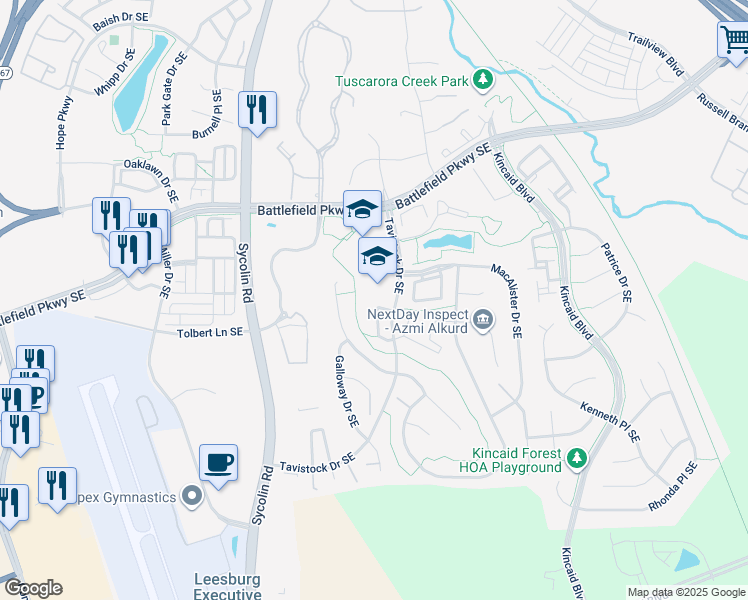 map of restaurants, bars, coffee shops, grocery stores, and more near 637 Burnside Terrace Southeast in Leesburg