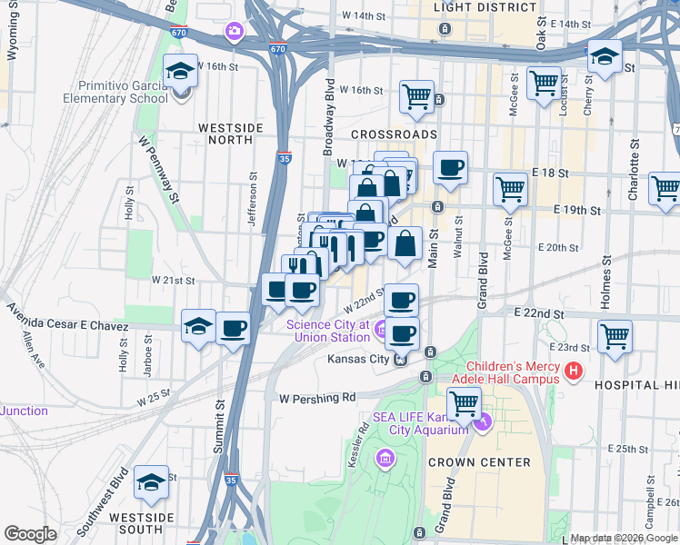 map of restaurants, bars, coffee shops, grocery stores, and more near in Kansas City