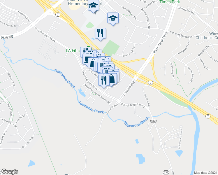 map of restaurants, bars, coffee shops, grocery stores, and more near 1606 Village Market Boulevard in Leesburg