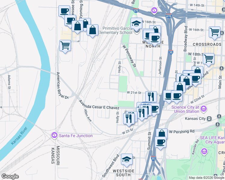 map of restaurants, bars, coffee shops, grocery stores, and more near 1213 West 20th Terrace in Kansas City