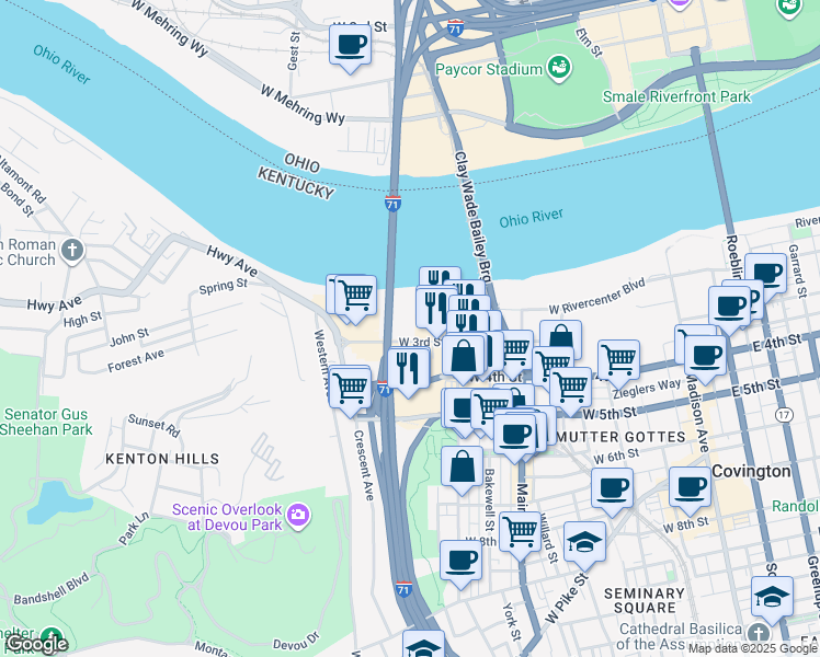 map of restaurants, bars, coffee shops, grocery stores, and more near 650 West 3rd Street in Covington