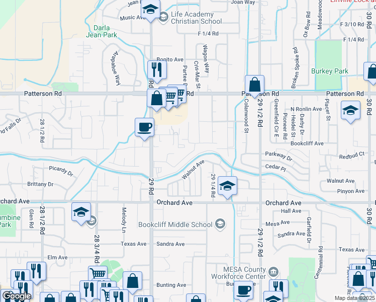 map of restaurants, bars, coffee shops, grocery stores, and more near 2920 Dawn Drive in Grand Junction