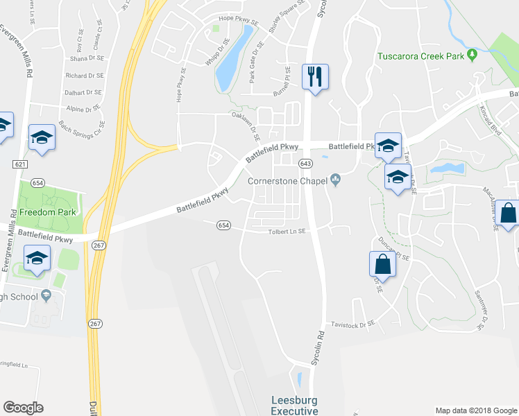 map of restaurants, bars, coffee shops, grocery stores, and more near 477 Flameflower Terrace Southeast in Leesburg