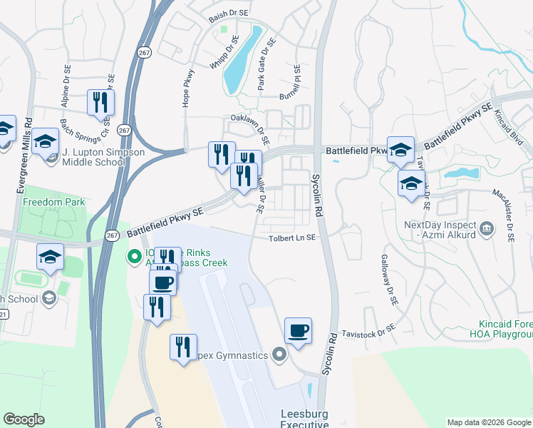 map of restaurants, bars, coffee shops, grocery stores, and more near 473 Flameflower Terrace Southeast in Leesburg