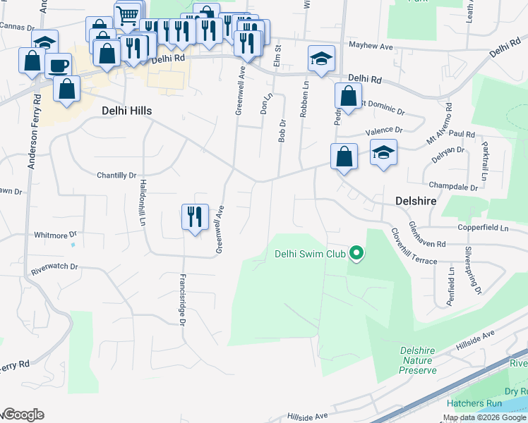 map of restaurants, bars, coffee shops, grocery stores, and more near 265 Ihle Drive in Cincinnati