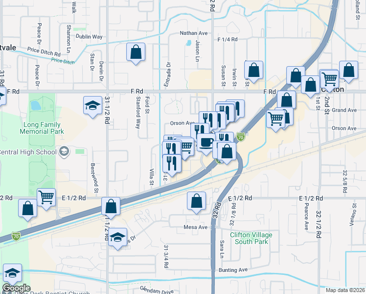 map of restaurants, bars, coffee shops, grocery stores, and more near 576 Plainview Court in Grand Junction