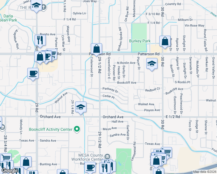 map of restaurants, bars, coffee shops, grocery stores, and more near 2959 1/2 Bookcliff Avenue in Grand Junction