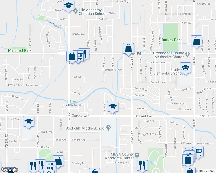 map of restaurants, bars, coffee shops, grocery stores, and more near 2927 29 1/4 Road in Grand Junction
