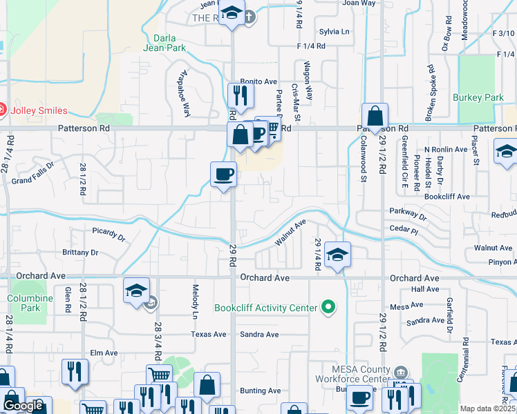 map of restaurants, bars, coffee shops, grocery stores, and more near 579 Kokopelli Lane in Grand Junction