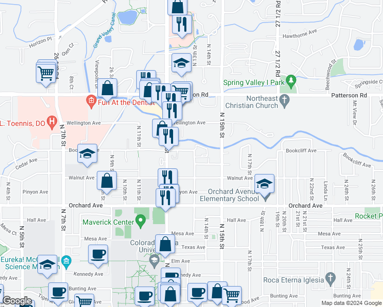 map of restaurants, bars, coffee shops, grocery stores, and more near 1262 Bookcliff Avenue in Grand Junction