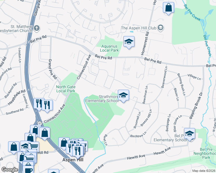 map of restaurants, bars, coffee shops, grocery stores, and more near 14120 Weeping Willow Drive in Silver Spring