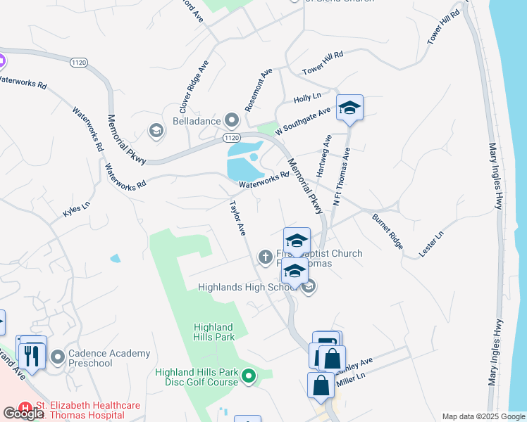 map of restaurants, bars, coffee shops, grocery stores, and more near 200 Waterworks Road in Fort Thomas