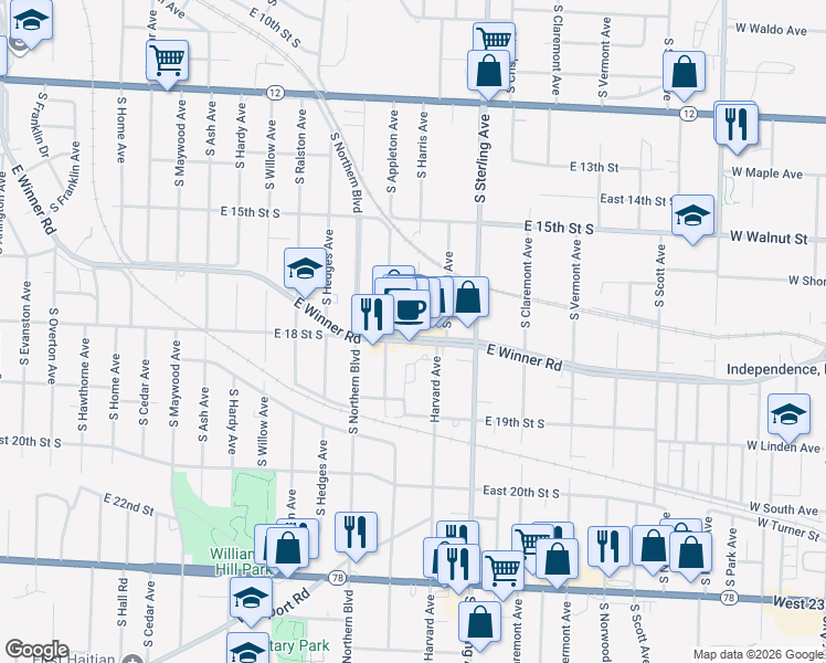 map of restaurants, bars, coffee shops, grocery stores, and more near 1711 South Appleton Avenue in Independence