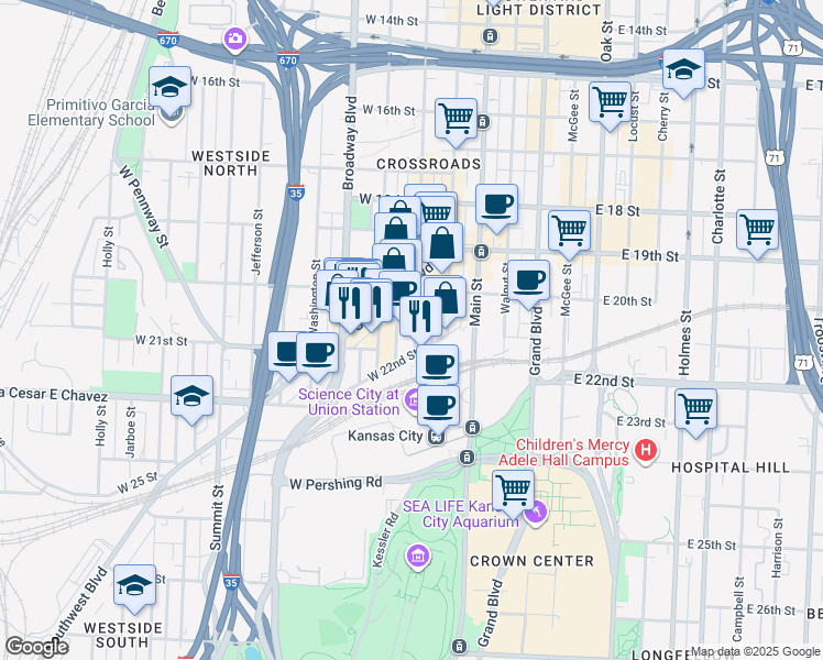 map of restaurants, bars, coffee shops, grocery stores, and more near 214 West 21st Street in Kansas City