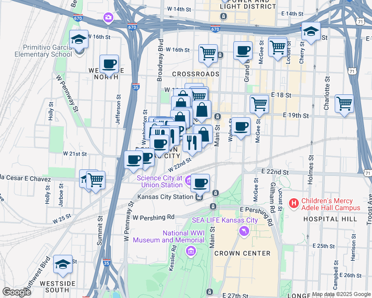 map of restaurants, bars, coffee shops, grocery stores, and more near 214 West 21st Street in Kansas City