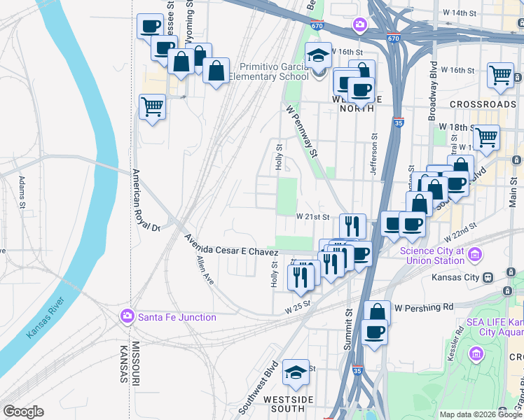 map of restaurants, bars, coffee shops, grocery stores, and more near 1213 West 20th Terrace in Kansas City