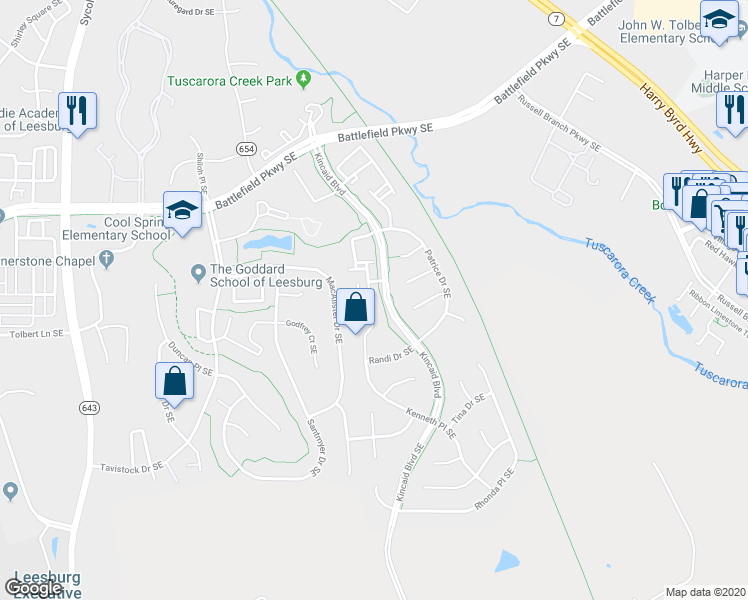 map of restaurants, bars, coffee shops, grocery stores, and more near 614 Cobbler Terrace Southeast in Leesburg