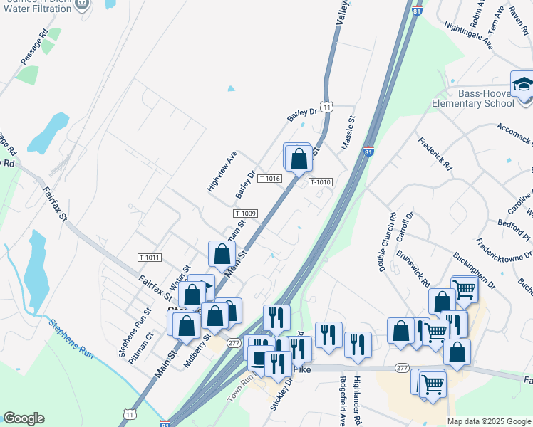 map of restaurants, bars, coffee shops, grocery stores, and more near 5189 Main St in Stephens City