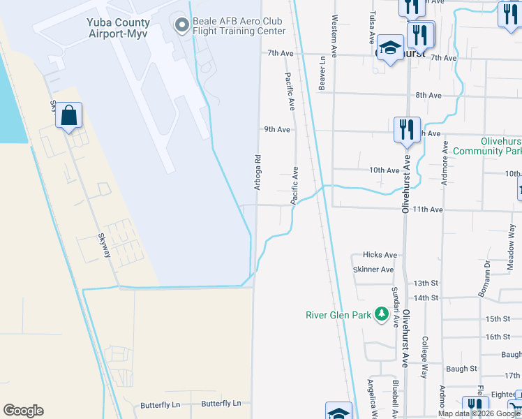 map of restaurants, bars, coffee shops, grocery stores, and more near 4649 Arboga Road in Olivehurst