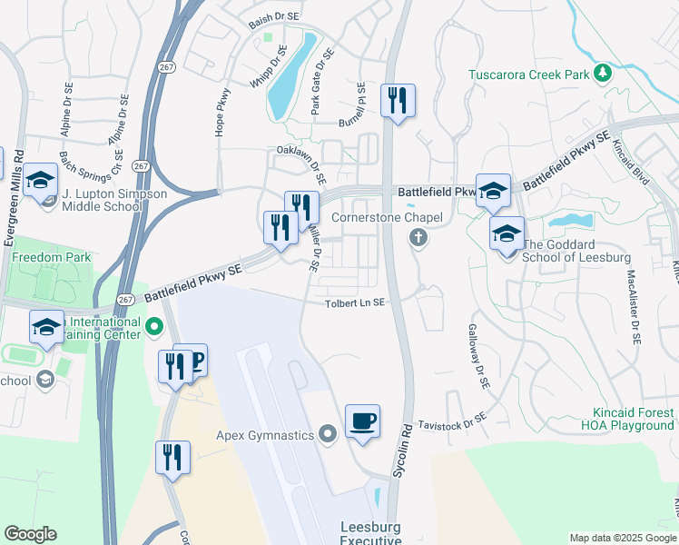 map of restaurants, bars, coffee shops, grocery stores, and more near 495 Flameflower Terrace Southeast in Leesburg