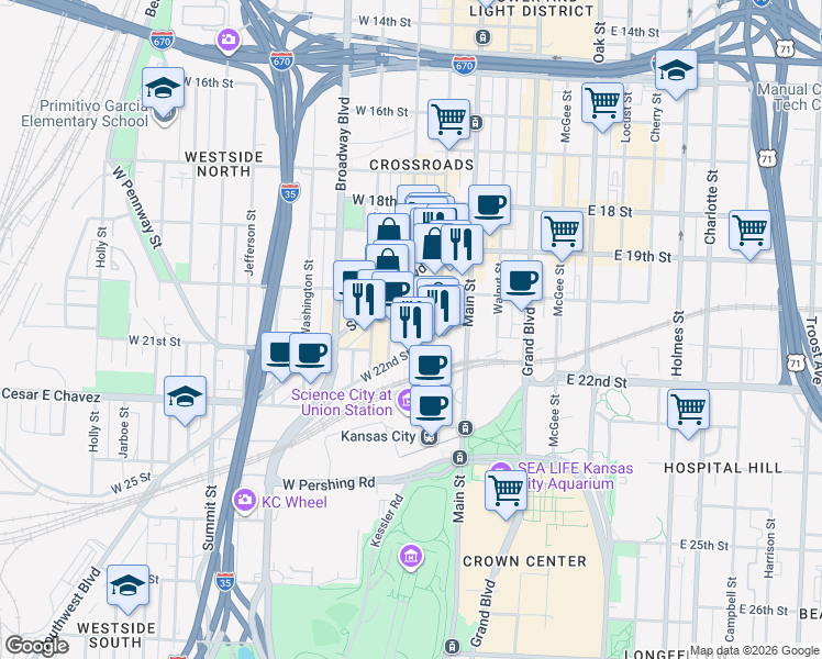 map of restaurants, bars, coffee shops, grocery stores, and more near 2017 Wyandotte Street in Kansas City