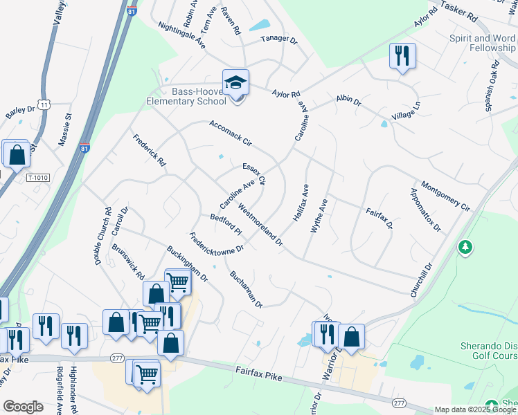 map of restaurants, bars, coffee shops, grocery stores, and more near 211 Essex Circle in Stephens City