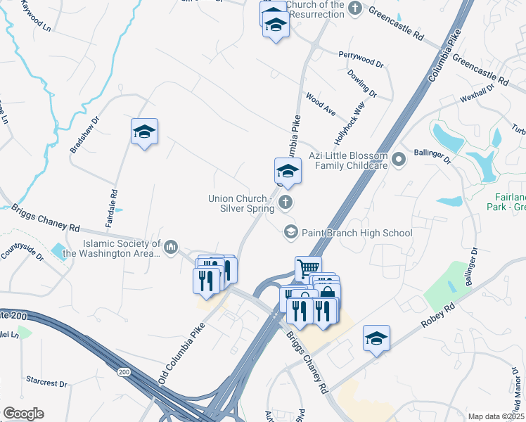 map of restaurants, bars, coffee shops, grocery stores, and more near 14121 Old Columbia Pike in Burtonsville