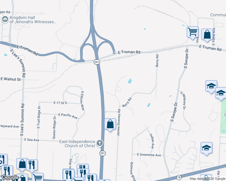 map of restaurants, bars, coffee shops, grocery stores, and more near 1701 Highland Drive in Independence