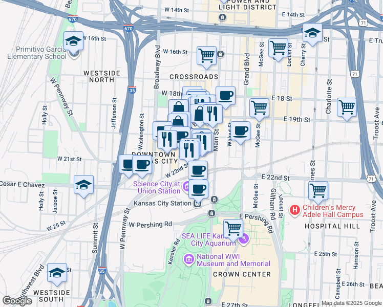 map of restaurants, bars, coffee shops, grocery stores, and more near 2029 Wyandotte Street in Kansas City