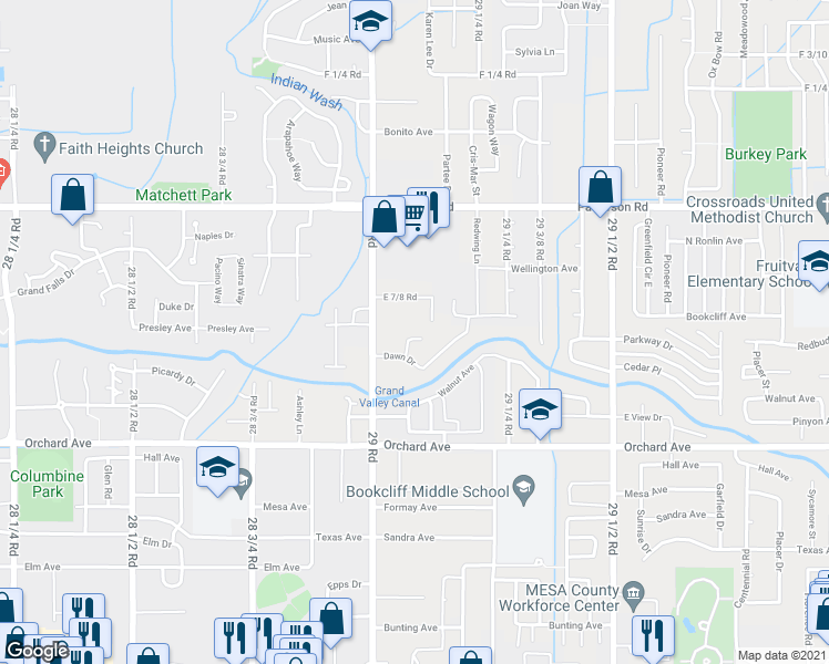 map of restaurants, bars, coffee shops, grocery stores, and more near 579 Kokopelli Lane in Grand Junction