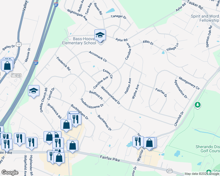 map of restaurants, bars, coffee shops, grocery stores, and more near 211 Essex Circle in Stephens City