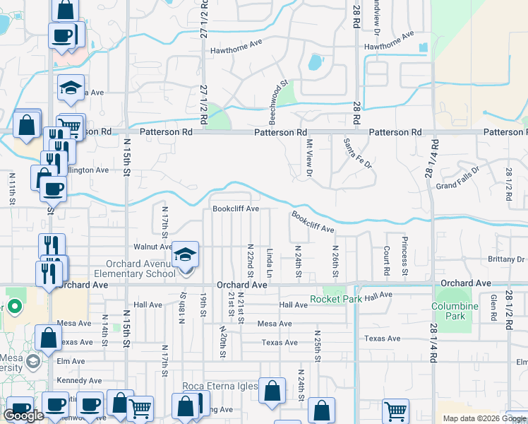 map of restaurants, bars, coffee shops, grocery stores, and more near 2285 Linda Lane in Grand Junction
